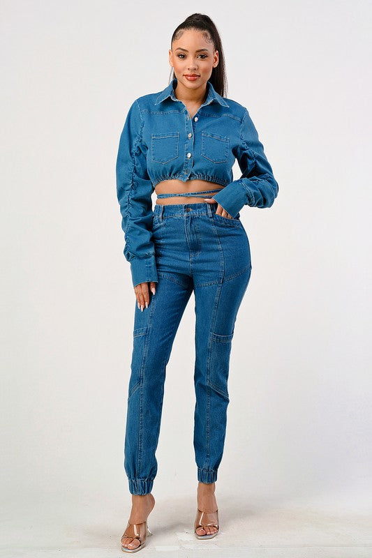 Casual Cropped Long Sleeve Denim Jacket