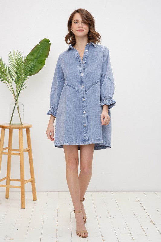 Button Up Washed Denim Mini Dress