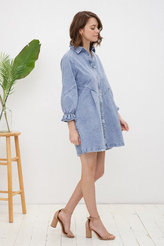 Button Up Washed Denim Mini Dress