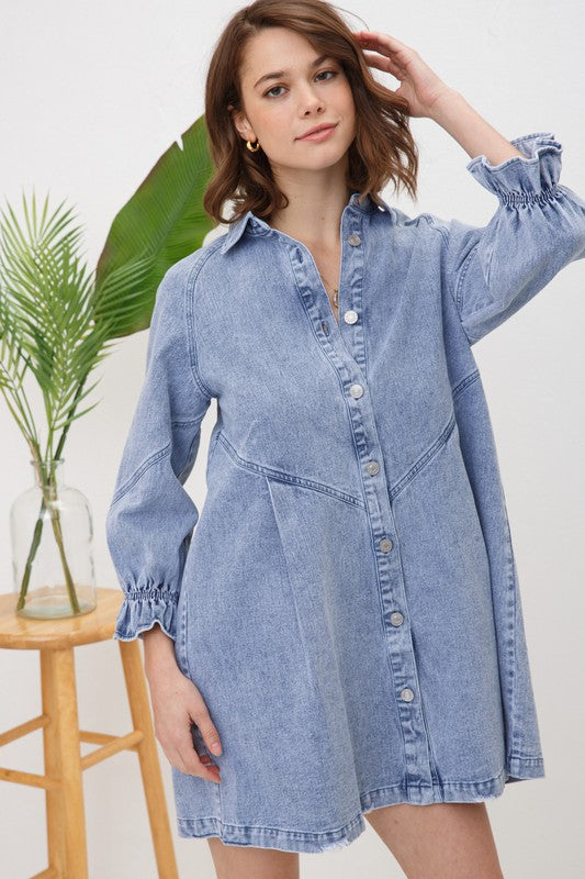 Button Up Washed Denim Mini Dress