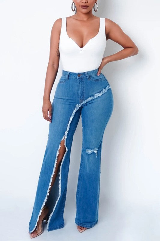 One Side Cut Wide Leg Medium Denim Jeans