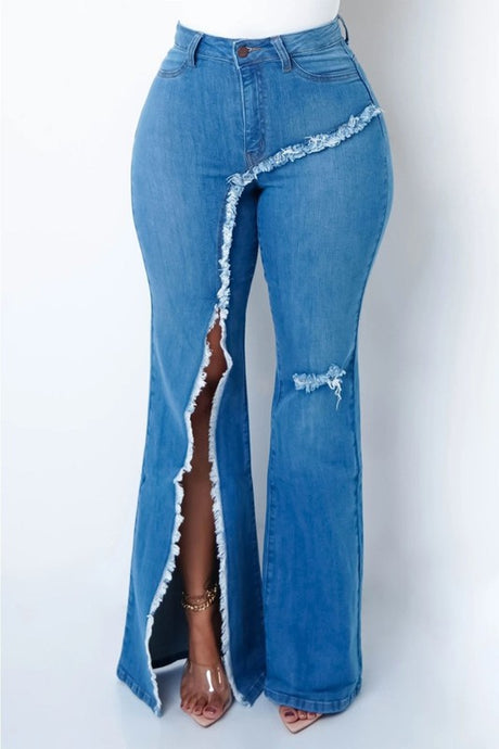 One Side Cut Wide Leg Medium Denim Jeans