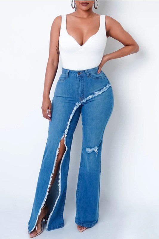 One Side Cut Wide Leg Medium Denim Jeans