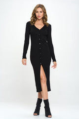 Solid Rib Cardigan Midi Dress