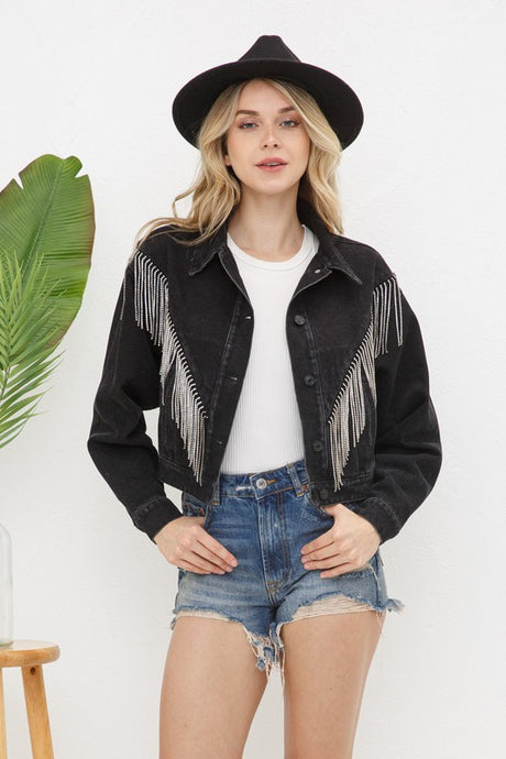 Denim Chevron Fringe Jacket king-general-store-5710.myshopify.com