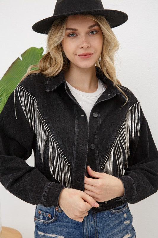 Denim Chevron Fringe Jacket king-general-store-5710.myshopify.com