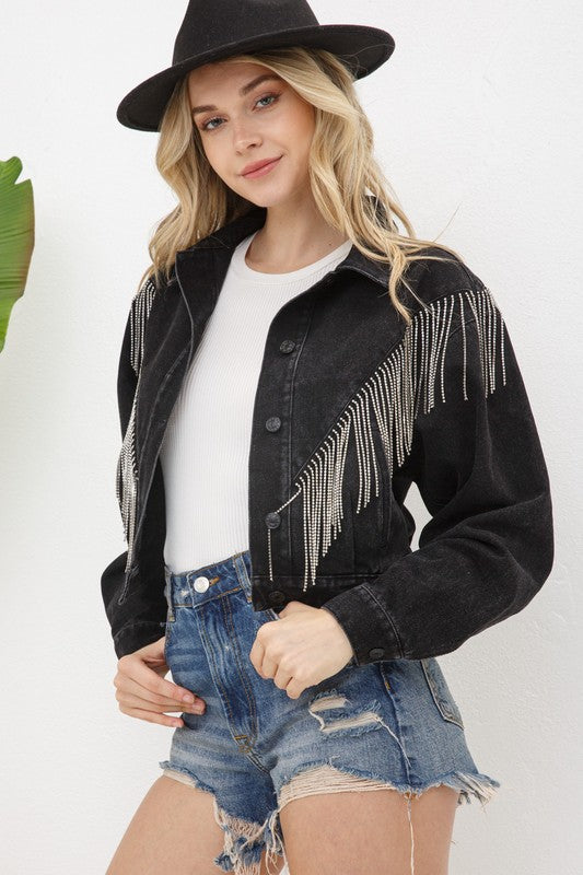 Denim Chevron Fringe Jacket king-general-store-5710.myshopify.com