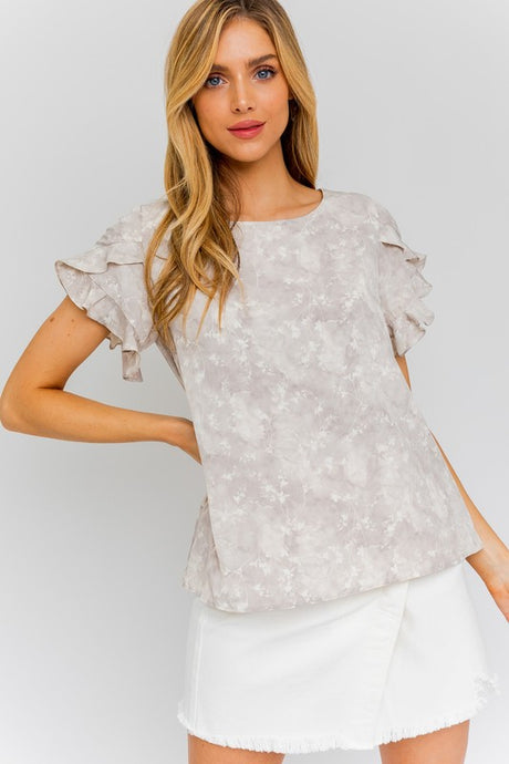 Short Sleeve Overlap Ruffle Sleeve Ditsy Print Top