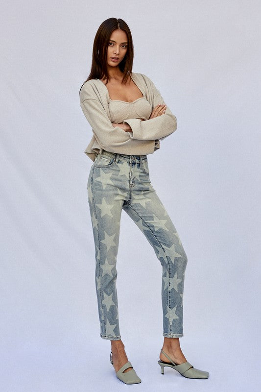 Star Printed High Rise Light Girlfriend Jeans