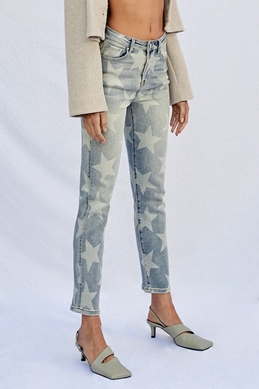 Star Printed High Rise Light Girlfriend Jeans