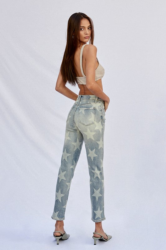 Star Printed High Rise Light Girlfriend Jeans