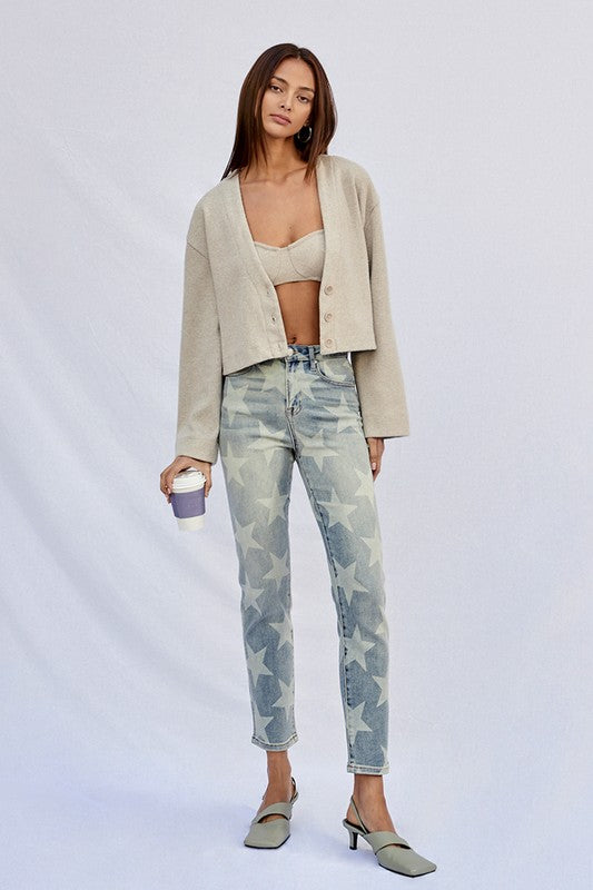 Star Printed High Rise Light Girlfriend Jeans