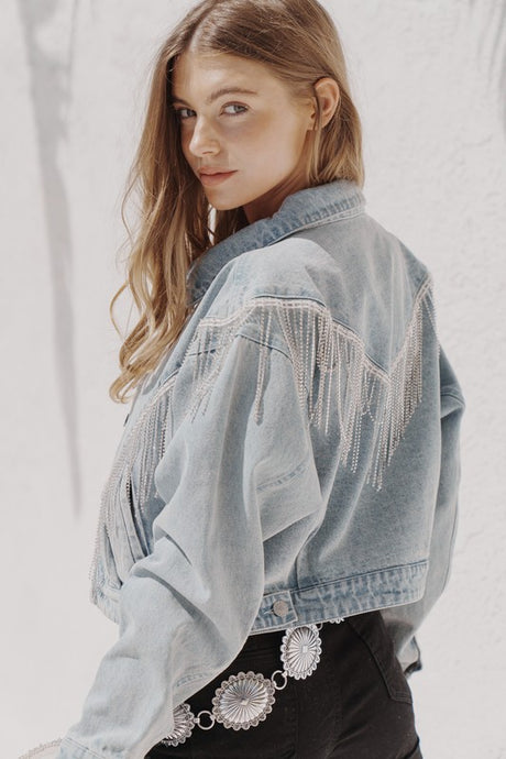 Denim Chevron Fringe Jacket king-general-store-5710.myshopify.com