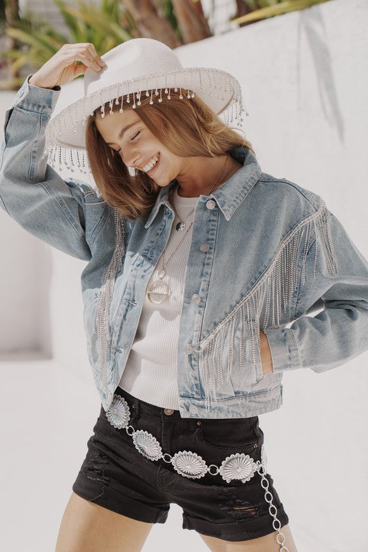 Denim Chevron Fringe Jacket king-general-store-5710.myshopify.com