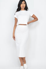 High Stretch Ribbed Solid Top & Midi Skirt Set