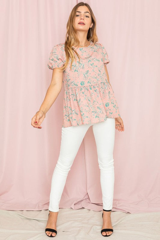 Paisley Short Puff Sleeve Tunic Top