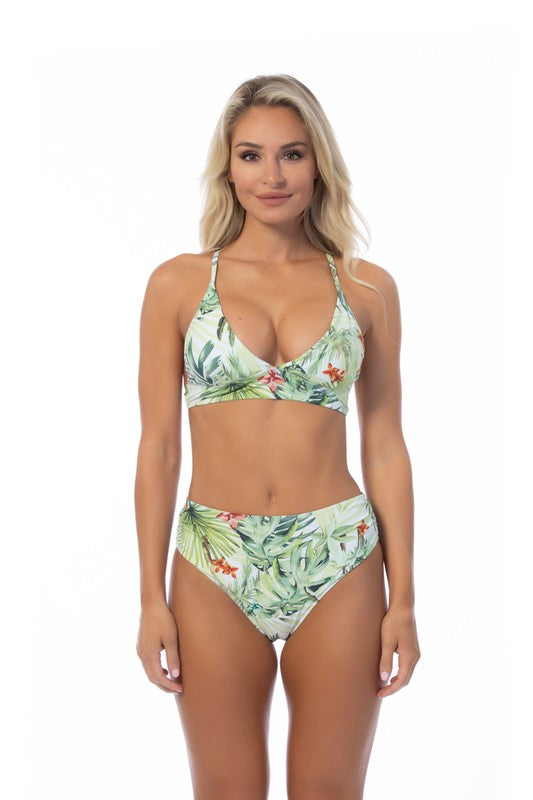 Tropical Halter Mid Waist Bikini Set