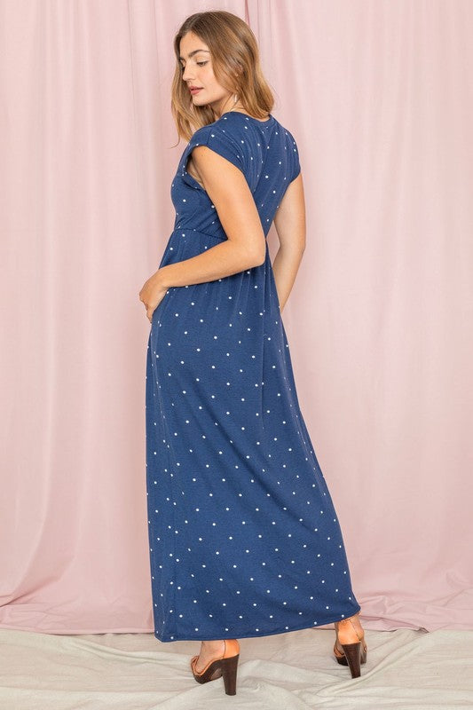 Polka Dot Folded Cap Sleeve Maxi Dress