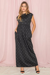 Polka Dot Folded Cap Sleeve Maxi Dress