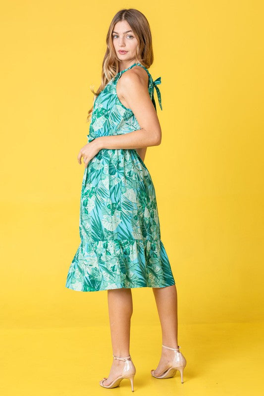 Halter Neck Tropical Sash Midi Dress