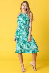 Halter Neck Tropical Sash Midi Dress