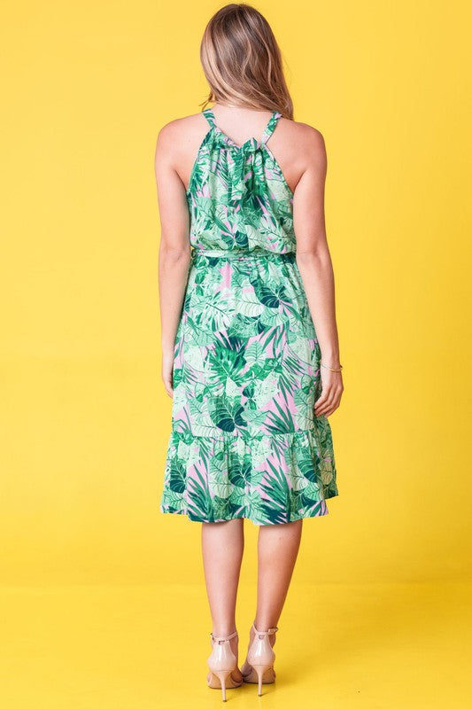 Halter Neck Tropical Sash Midi Dress