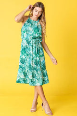 Halter Neck Tropical Sash Midi Dress