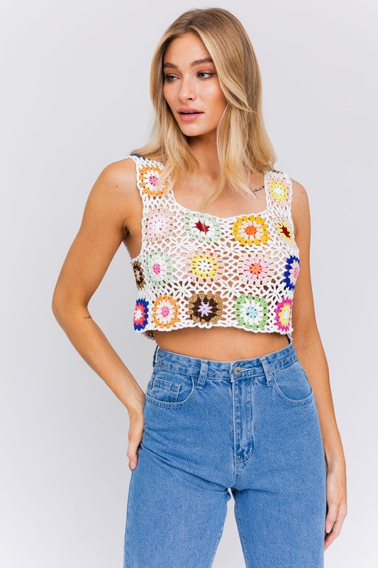 Sleeveless Multi Floral Crochet Top