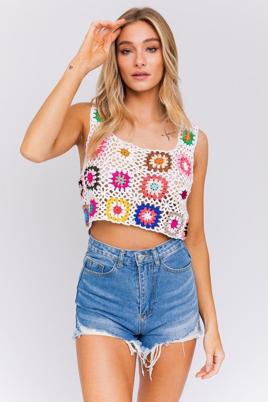 Sleeveless Multi Floral Crochet Top