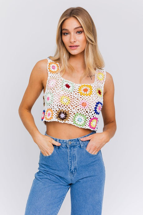 Sleeveless Multi Floral Crochet Top