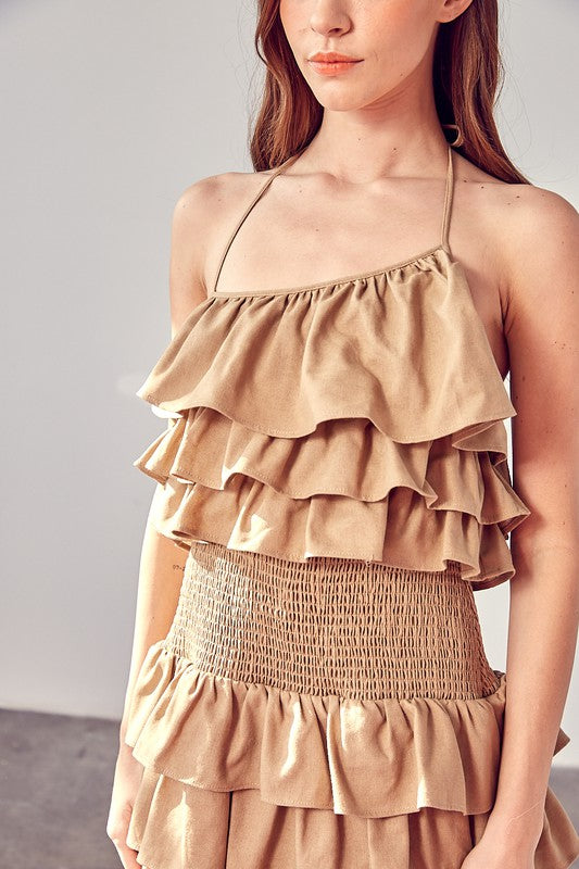 Taupe Smocked Waist Ruffle Romper