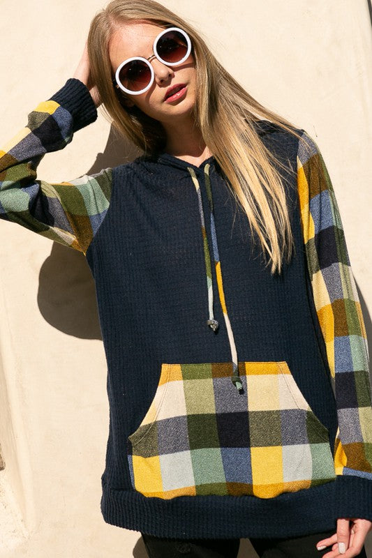 PLAID MIXED HOODIE SWEATSHIRT