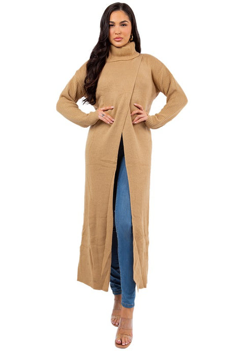 Khaki Turtleneck Long Maxi Sweater king-general-store-5710.myshopify.com