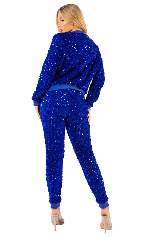 Royal Blue Sequin Bomber Jacket Pant Set king-general-store-5710.myshopify.com