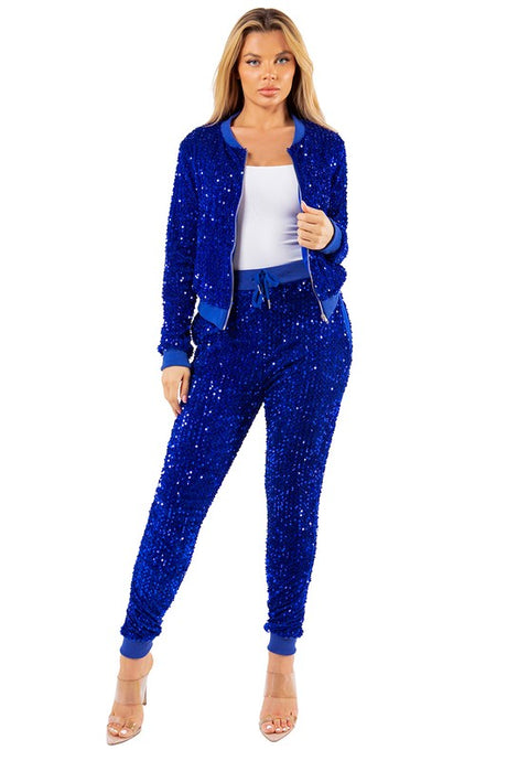 Royal Blue Sequin Bomber Jacket Pant Set king-general-store-5710.myshopify.com