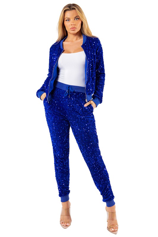 Royal Blue Sequin Bomber Jacket Pant Set king-general-store-5710.myshopify.com