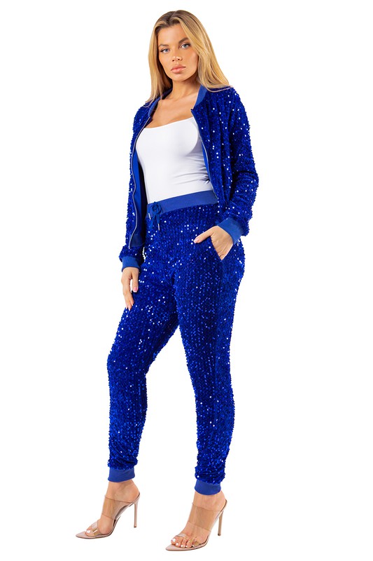 Royal Blue Sequin Bomber Jacket Pant Set king-general-store-5710.myshopify.com