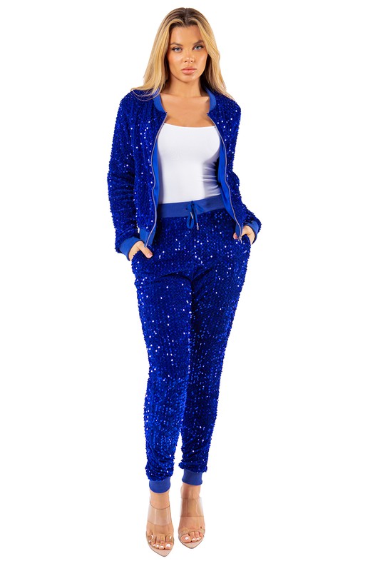 Royal Blue Sequin Bomber Jacket Pant Set king-general-store-5710.myshopify.com