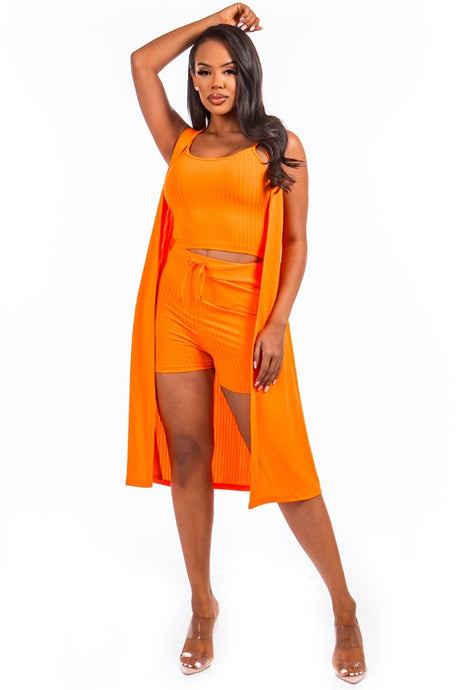 Orange Ribbed Cami Top & Waist Tie Short Set