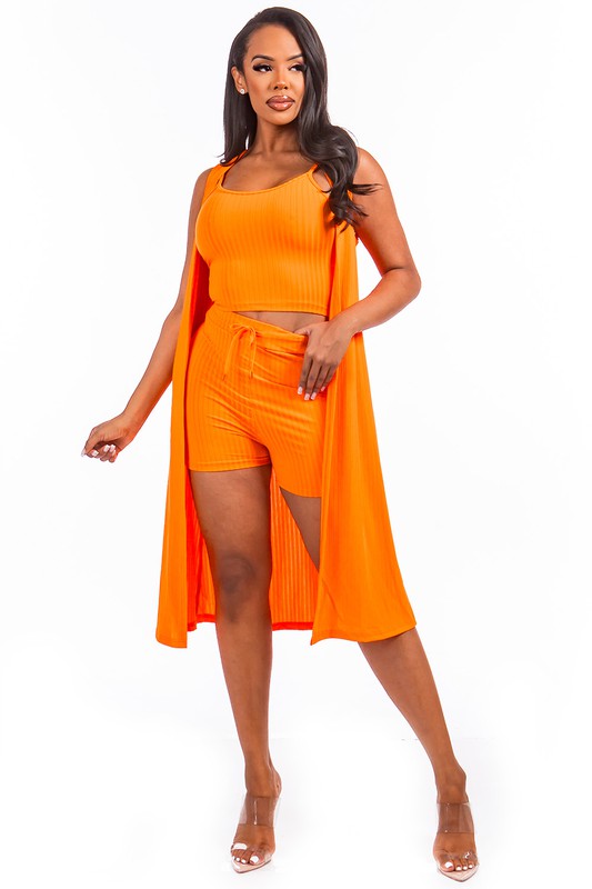 Orange Ribbed Cami Top & Waist Tie Short Set