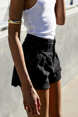 Black Wash Denim Pleated High Rise Shorts