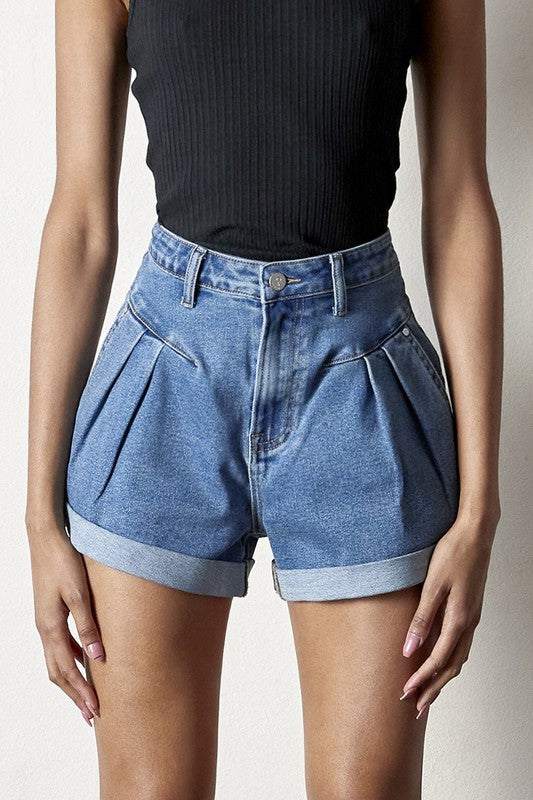 Pleated Front Super High Rise Medium Wash Denim Shorts