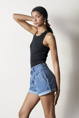 Pleated Front Super High Rise Medium Wash Denim Shorts