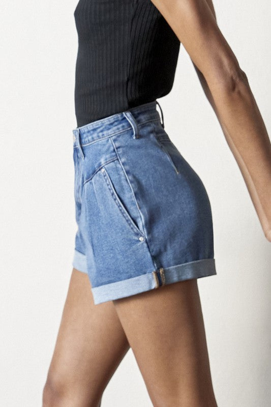 Pleated Front Super High Rise Medium Wash Denim Shorts