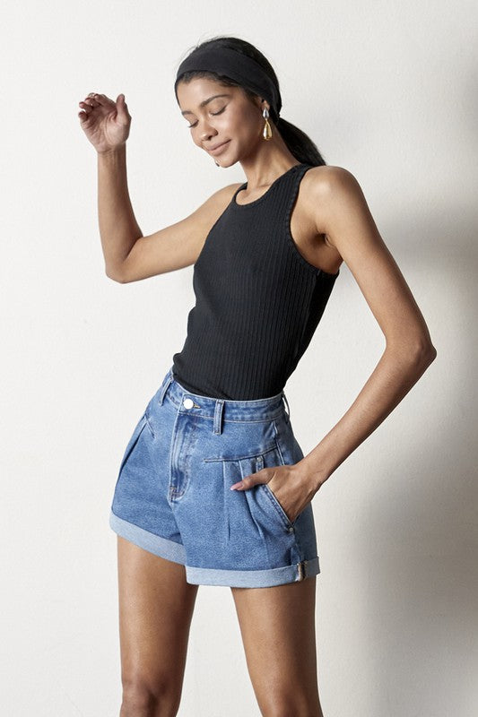 Pleated Front Super High Rise Medium Wash Denim Shorts