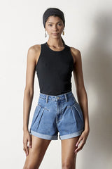 Pleated Front Super High Rise Medium Wash Denim Shorts