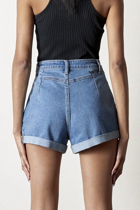 Pleated Front Super High Rise Medium Wash Denim Shorts