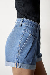 Pleated Front Super High Rise Medium Wash Denim Shorts