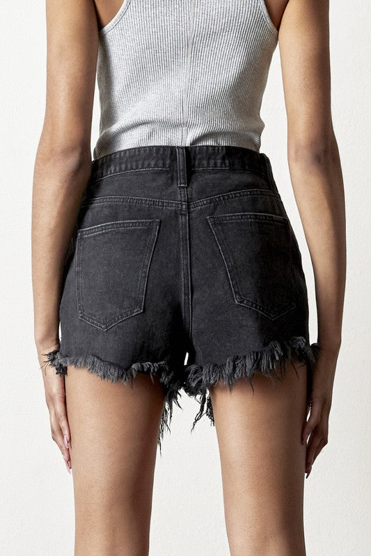 Black Distressed Denim Wash Flip Shorts