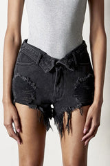 Black Distressed Denim Wash Flip Shorts